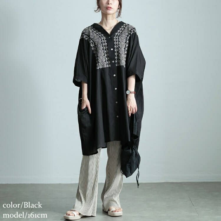 大きいサイズ レディース エスニック刺繍Vネックインド綿チュニック kt