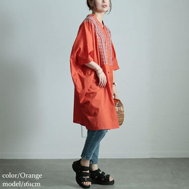 大きいサイズ レディース エスニック刺繍Vネックインド綿チュニック　kt-24mi2 【メール便可】