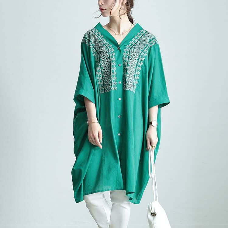 大きいサイズ レディース エスニック刺繍Vネックインド綿チュニック　kt-24mi2 【メール便可】 グリーン