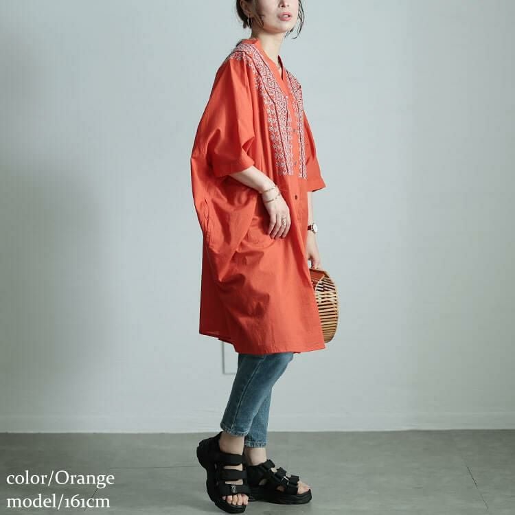 大きいサイズ レディース エスニック刺繍Vネックインド綿チュニック　kt-24mi2 【メール便可】 オレンジ