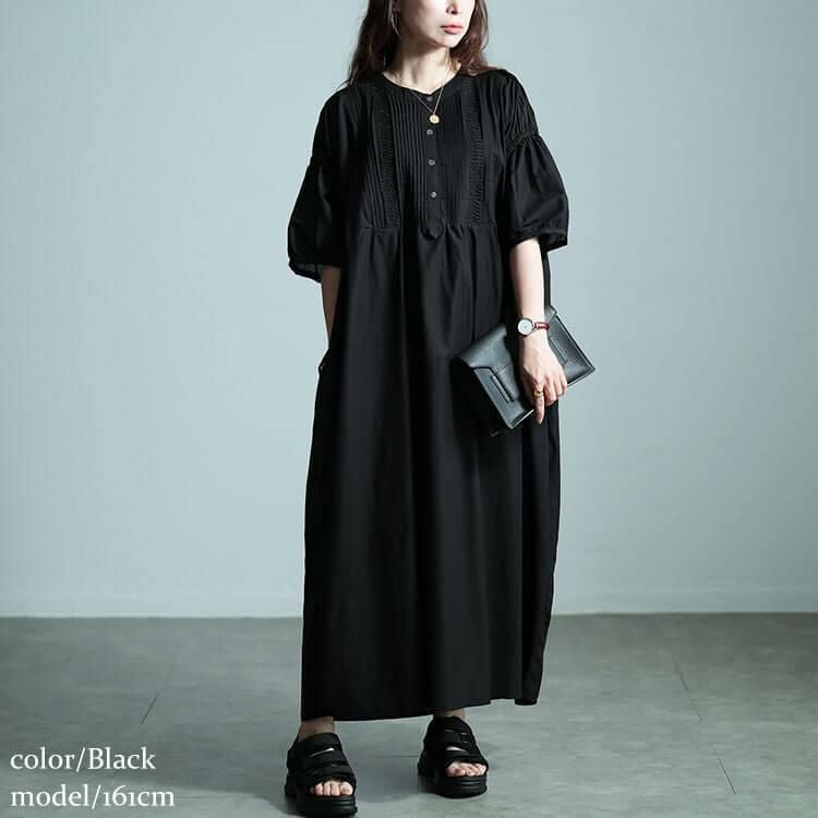 大きいサイズ レディース インド綿ピンタックバルーンスリーブワンピース　kt-24mi1 【メール便可】 ブラック