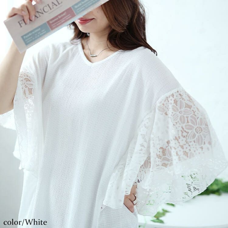 大きいサイズ レディース フラワーレースフレアスリーブプルオーバー　kt-7824720 【メール便可】