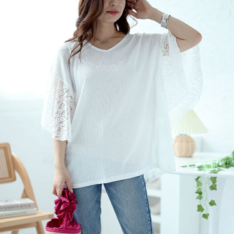 大きいサイズ レディース フラワーレースフレアスリーブプルオーバー　kt-7824720 【メール便可】