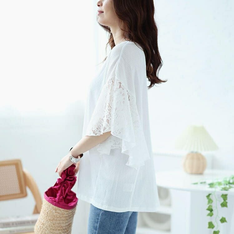 大きいサイズ レディース フラワーレースフレアスリーブプルオーバー　kt-7824720 【メール便可】