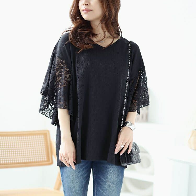 大きいサイズ レディース フラワーレースフレアスリーブプルオーバー　kt-7824720 【メール便可】