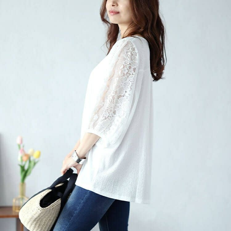 大きいサイズ レディース フラワーレースパフスリーブ楊柳プルオーバー　kt-7824710 【メール便可】