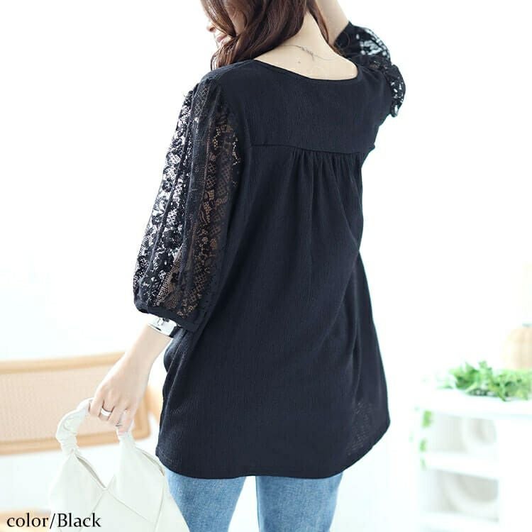 大きいサイズ レディース フラワーレースパフスリーブ楊柳プルオーバー　kt-7824710 【メール便可】