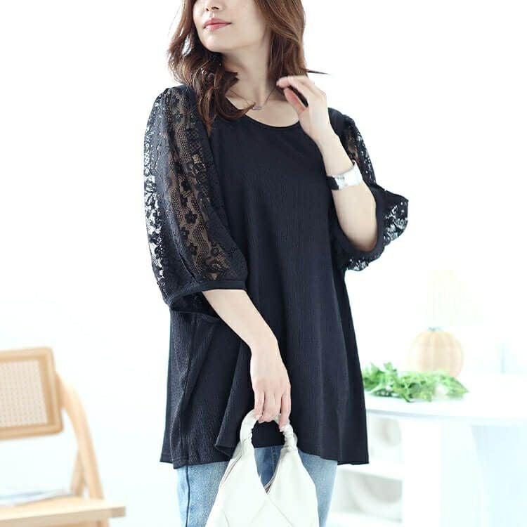 大きいサイズ レディース フラワーレースパフスリーブ楊柳プルオーバー　kt-7824710 【メール便可】