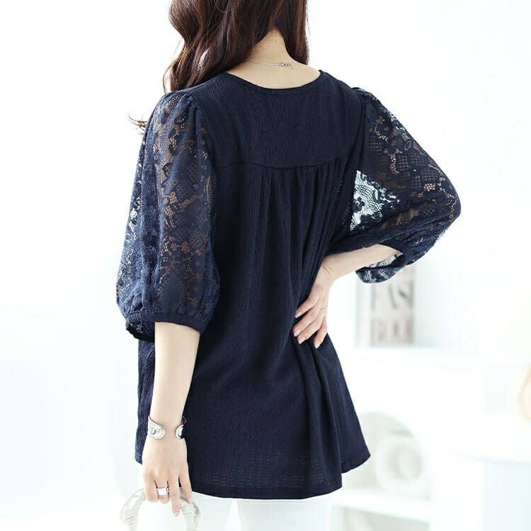 大きいサイズ レディース フラワーレースパフスリーブ楊柳プルオーバー　kt-7824710 【メール便可】