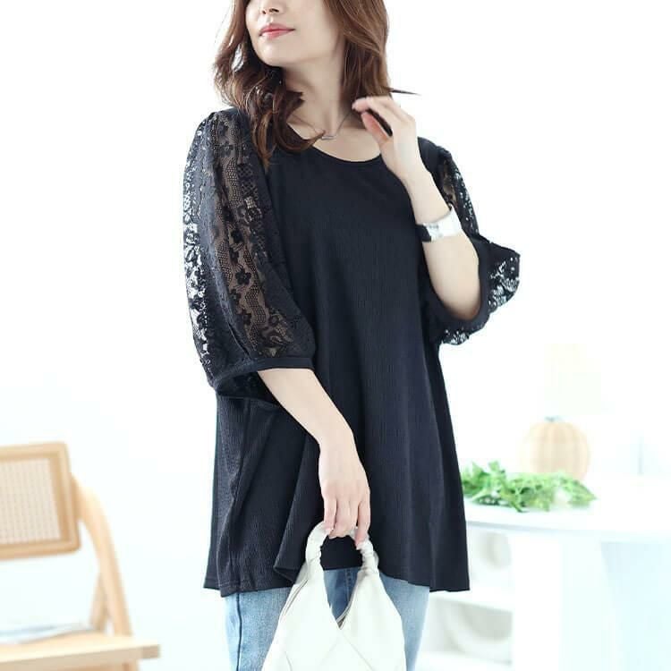 大きいサイズ レディース フラワーレースパフスリーブ楊柳プルオーバー　kt-7824710 【メール便可】 ブラック