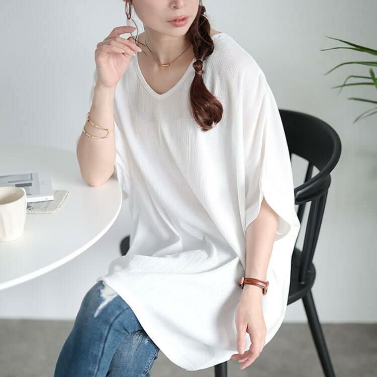 大きいサイズ レディース 楊柳Vネックドルマンチュニック　kt-7824700 【メール便可】 ホワイト