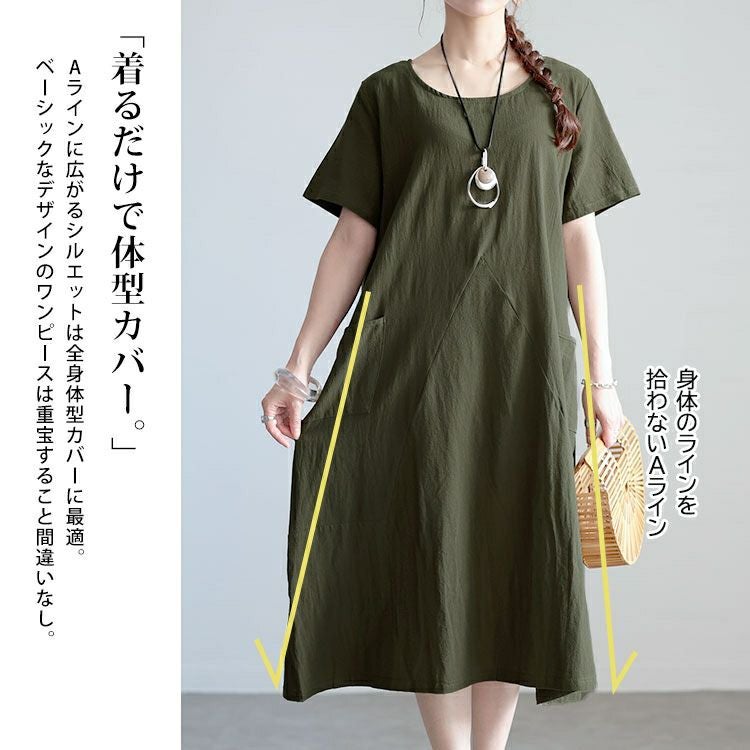大きいサイズ レディース ポケット付きコットンワンピース　goldy-1533