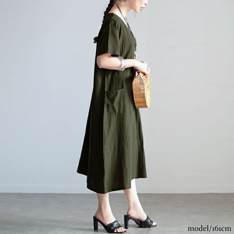 大きいサイズ レディース ポケット付きコットンワンピース　goldy-1533
