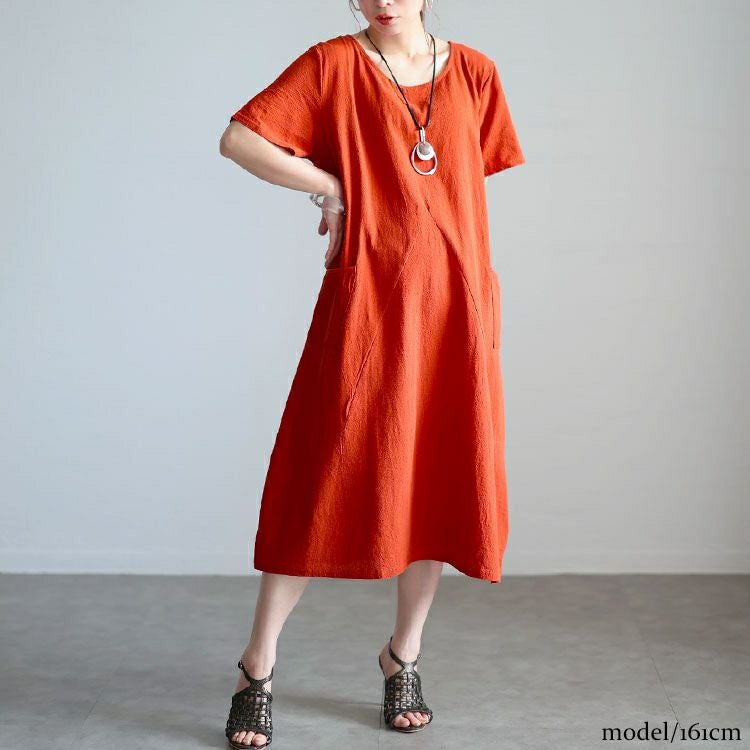 大きいサイズ レディース ポケット付きコットンワンピース　goldy-1533