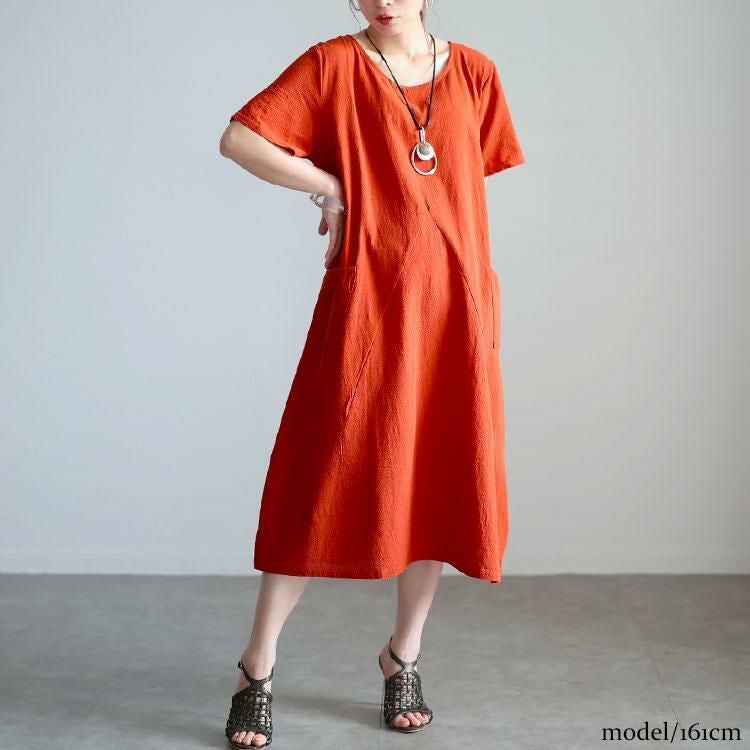 大きいサイズ レディース ポケット付きコットンワンピース　goldy-1533 オレンジ