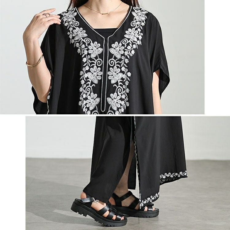 大きいサイズ レディース フラワー刺繍サイドスリットカフタンワンピース　nh240301 【メール便可】