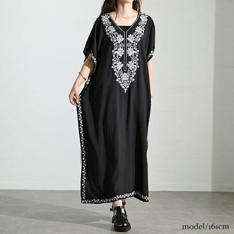 大きいサイズ レディース フラワー刺繍サイドスリットカフタンワンピース　nh240301 【メール便可】