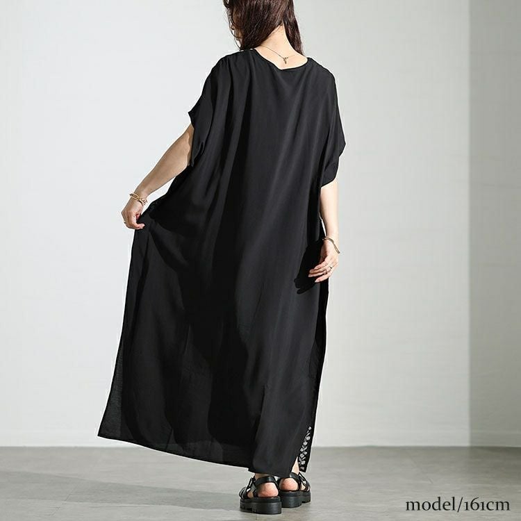 大きいサイズ レディース フラワー刺繍サイドスリットカフタンワンピース　nh240301 【メール便可】