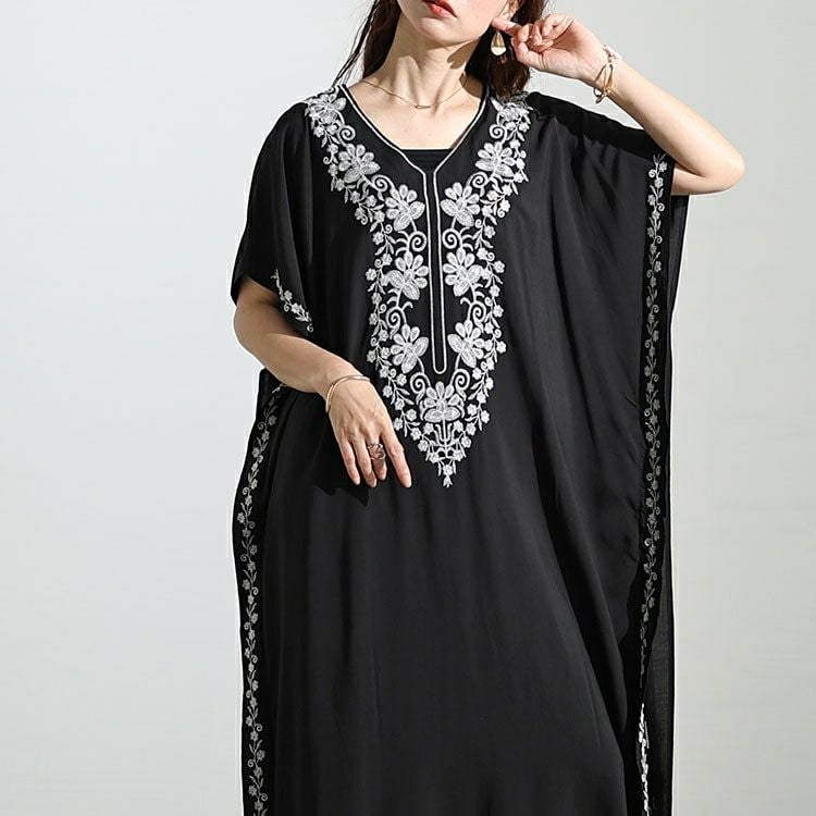 大きいサイズ レディース フラワー刺繍サイドスリットカフタンワンピース　nh240301 【メール便可】