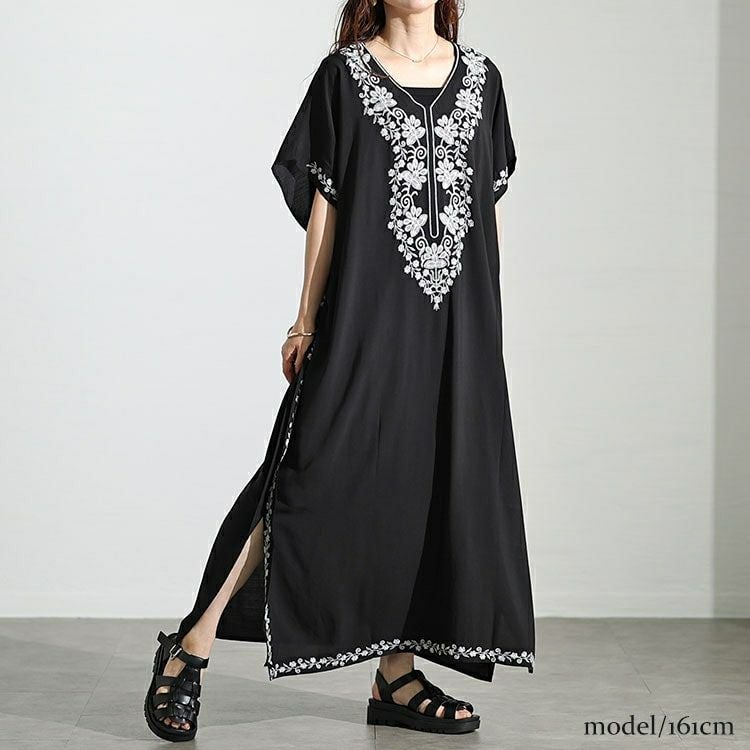 大きいサイズ レディース フラワー刺繍サイドスリットカフタンワンピース　nh240301 【メール便可】