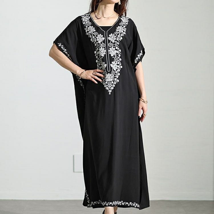 大きいサイズ レディース フラワー刺繍サイドスリットカフタンワンピース　nh240301 【メール便可】