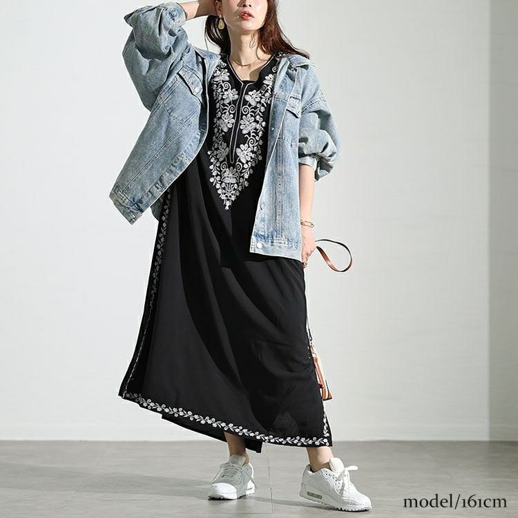 大きいサイズ レディース フラワー刺繍サイドスリットカフタンワンピース　nh240301 【メール便可】