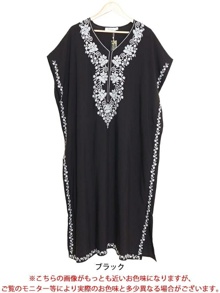 大きいサイズ レディース フラワー刺繍サイドスリットカフタンワンピース　nh240301 【メール便可】