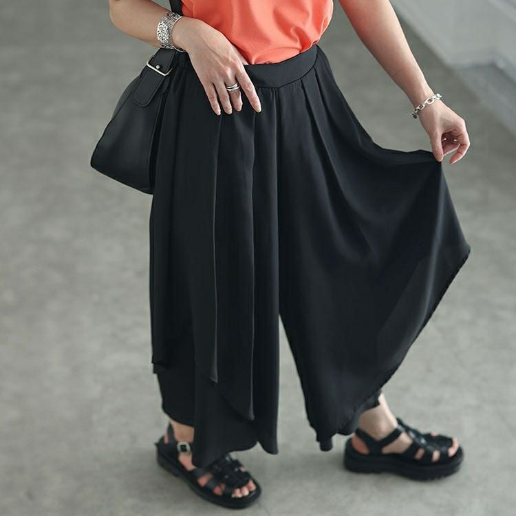 大きいサイズ レディース 変形レイヤードワイドパンツ　jpn013