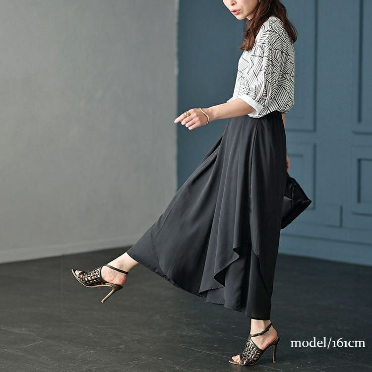 大きいサイズ レディース 変形レイヤードワイドパンツ　jpn013