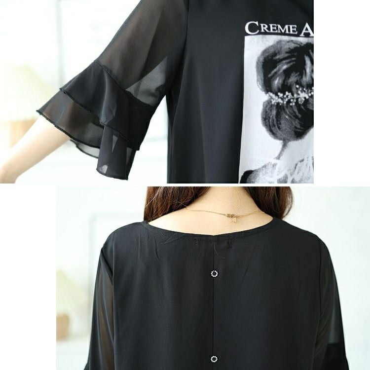 大きいサイズ レディース シフォンティアードフリルスリーブプリントプルオーバー　nh240361 【メール便可】