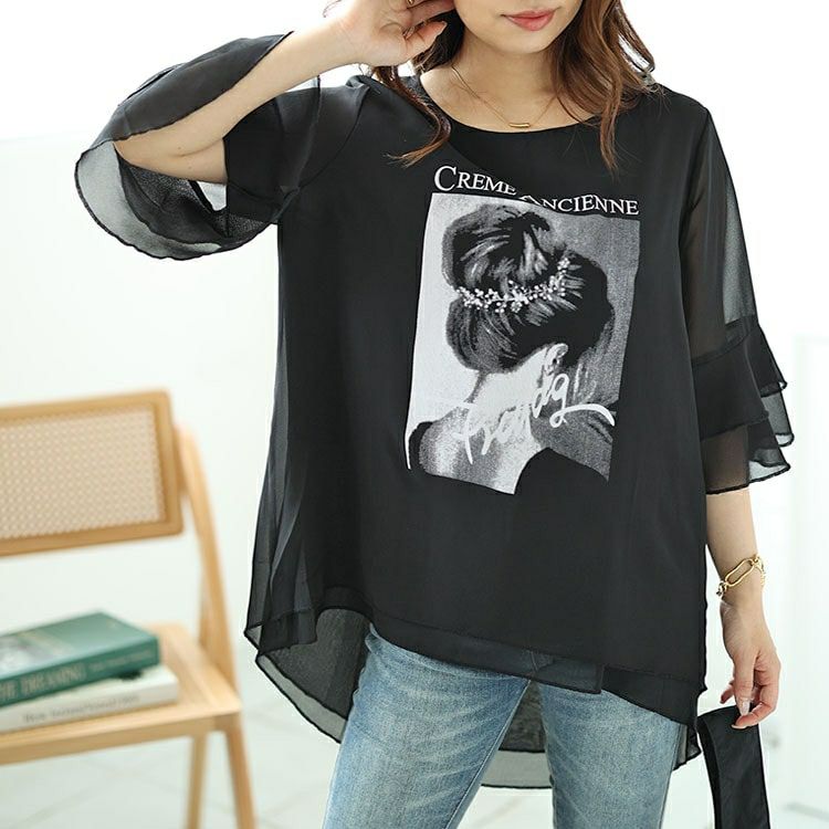 大きいサイズ レディース シフォンティアードフリルスリーブプリントプルオーバー　nh240361 【メール便可】