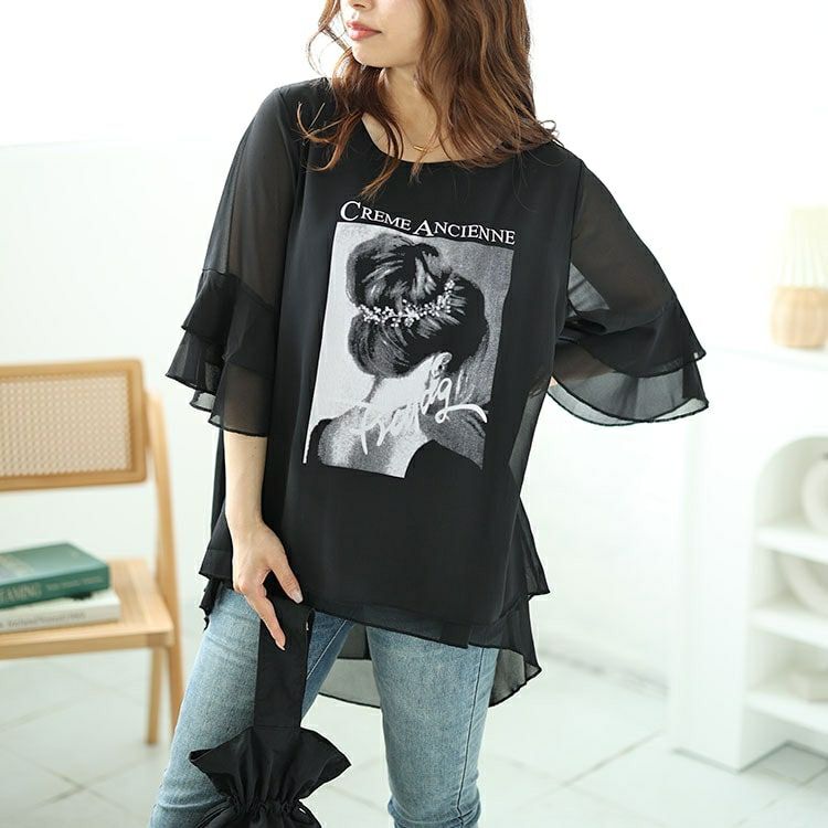 大きいサイズ レディース シフォンティアードフリルスリーブプリントプルオーバー　nh240361 【メール便可】