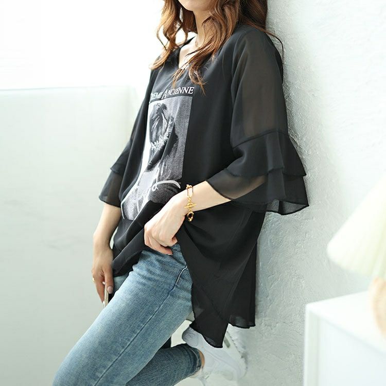 大きいサイズ レディース シフォンティアードフリルスリーブプリントプルオーバー　nh240361 【メール便可】