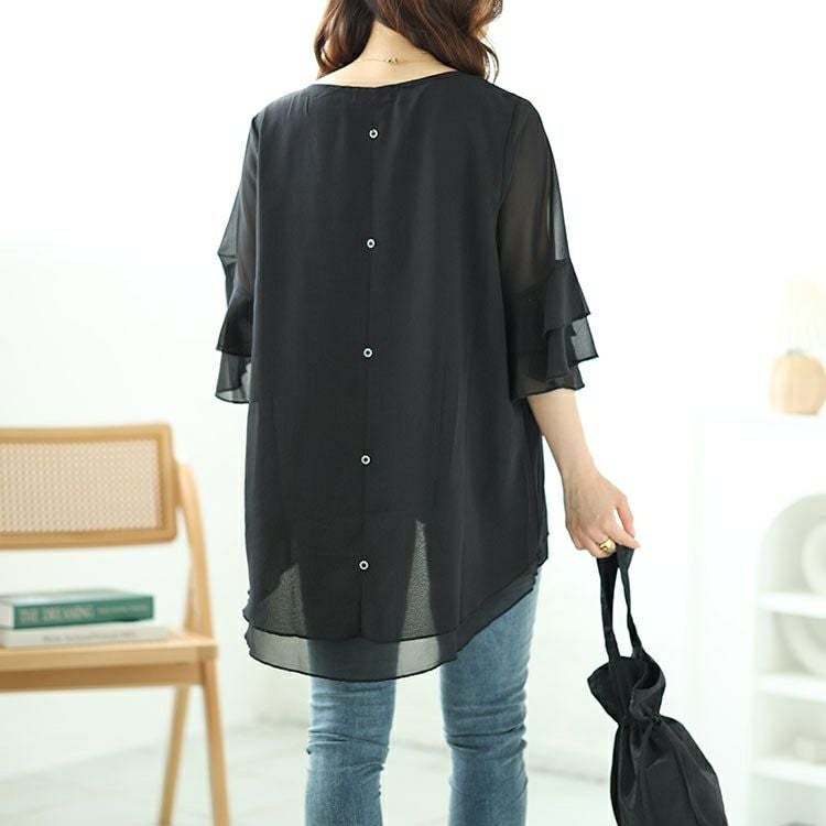 大きいサイズ レディース シフォンティアードフリルスリーブプリントプルオーバー　nh240361 【メール便可】