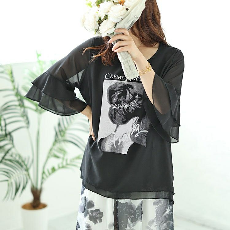 大きいサイズ レディース シフォンティアードフリルスリーブプリントプルオーバー　nh240361 【メール便可】