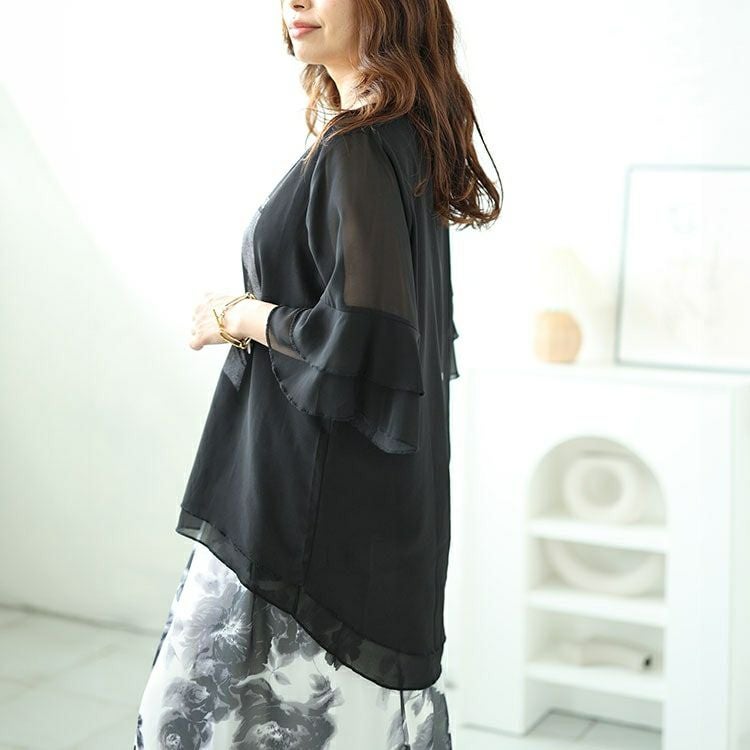 大きいサイズ レディース シフォンティアードフリルスリーブプリントプルオーバー　nh240361 【メール便可】