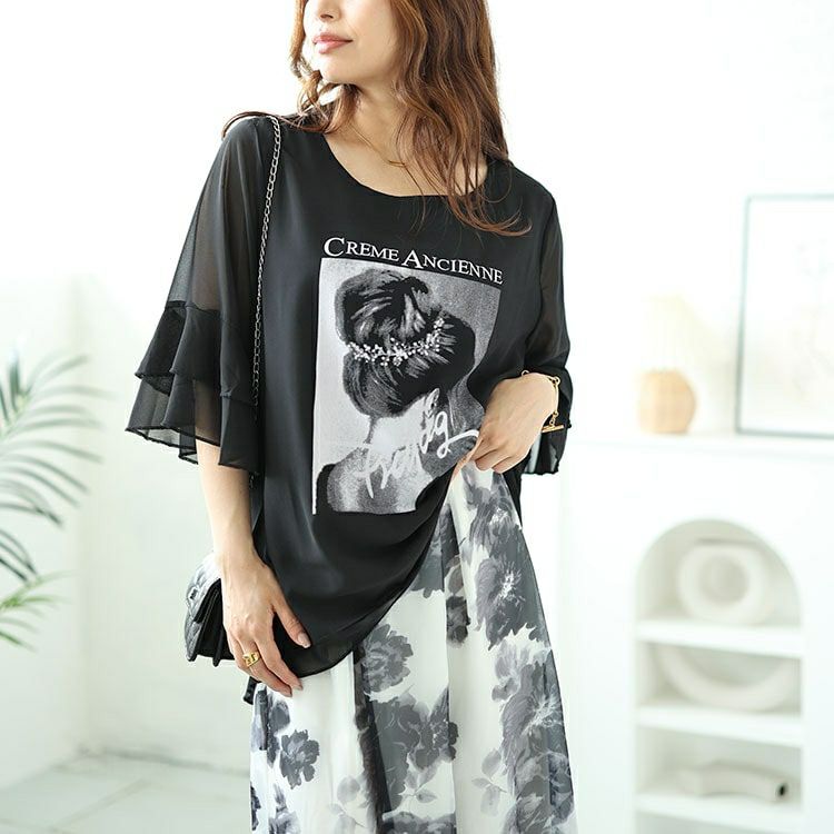 大きいサイズ レディース シフォンティアードフリルスリーブプリントプルオーバー　nh240361 【メール便可】