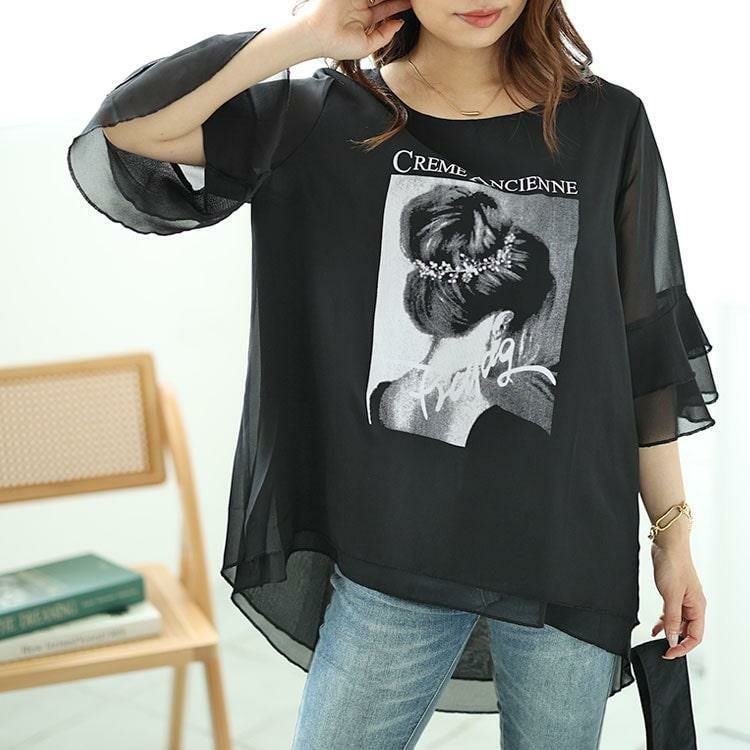大きいサイズ レディース シフォンティアードフリルスリーブプリントプルオーバー　nh240361 【メール便可】 ブラック