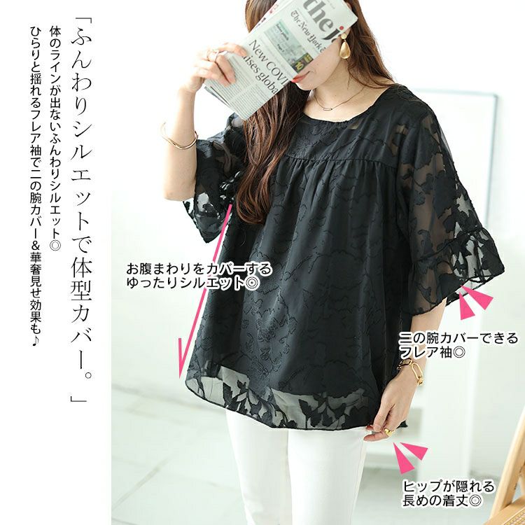 大きいサイズ レディース フレアスリーブシアージャガードブラウス　nh240323 【メール便可】