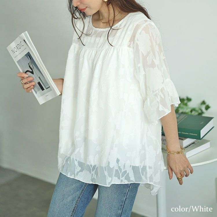 大きいサイズ レディース フレアスリーブシアージャガードブラウス　nh240323 【メール便可】