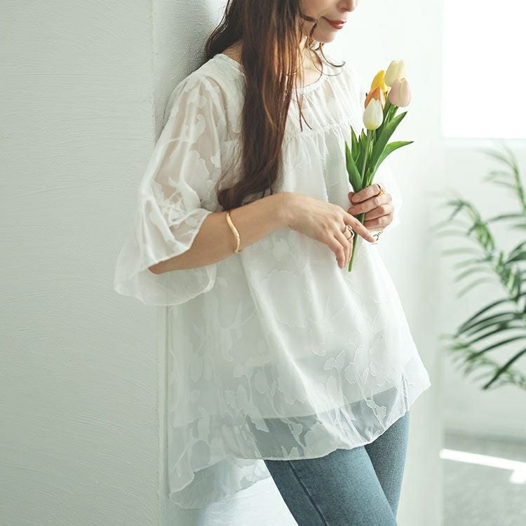 大きいサイズ レディース フレアスリーブシアージャガードブラウス　nh240323 【メール便可】