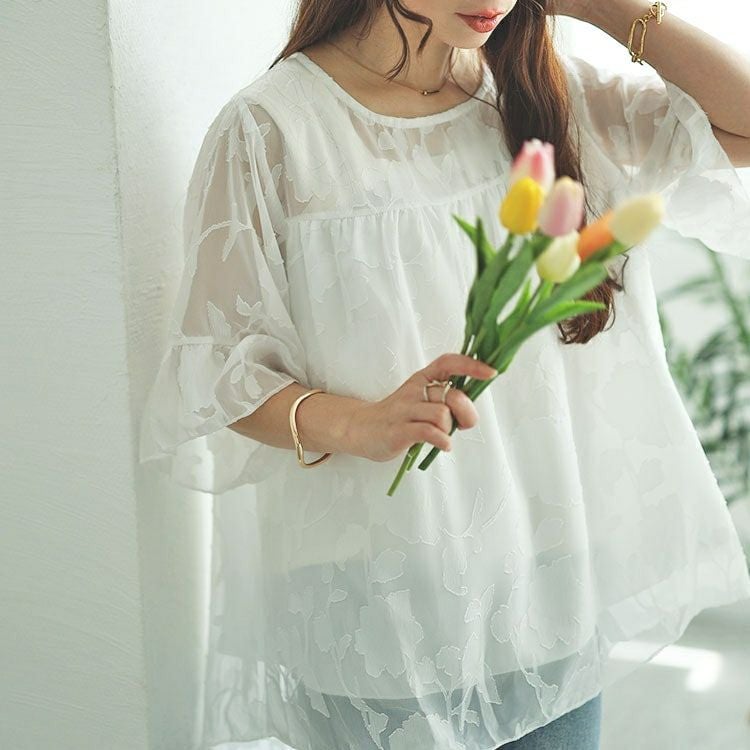 大きいサイズ レディース フレアスリーブシアージャガードブラウス　nh240323 【メール便可】