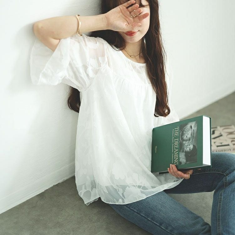 大きいサイズ レディース フレアスリーブシアージャガードブラウス　nh240323 【メール便可】