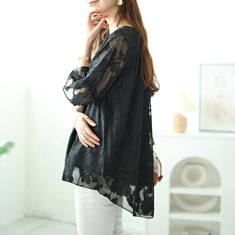 大きいサイズ レディース フレアスリーブシアージャガードブラウス　nh240323 【メール便可】