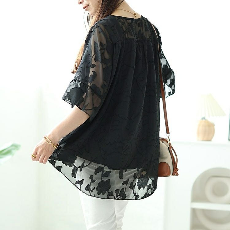 大きいサイズ レディース フレアスリーブシアージャガードブラウス　nh240323 【メール便可】