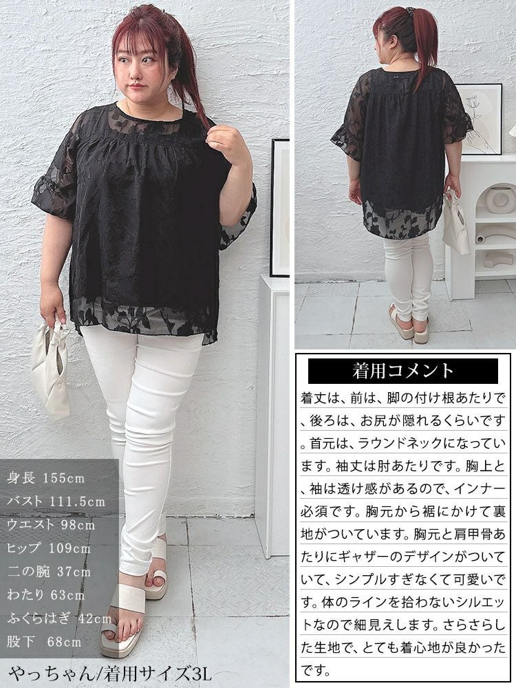 大きいサイズ レディース フレアスリーブシアージャガードブラウス　nh240323 【メール便可】