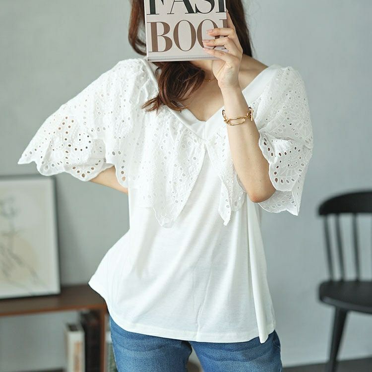 大きいサイズ レディース Vネックカットワークレースブラウス　nh240315 【メール便可】