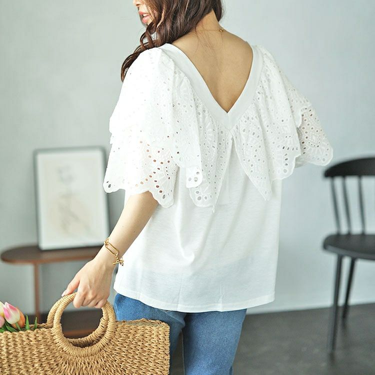 大きいサイズ レディース Vネックカットワークレースブラウス　nh240315 【メール便可】