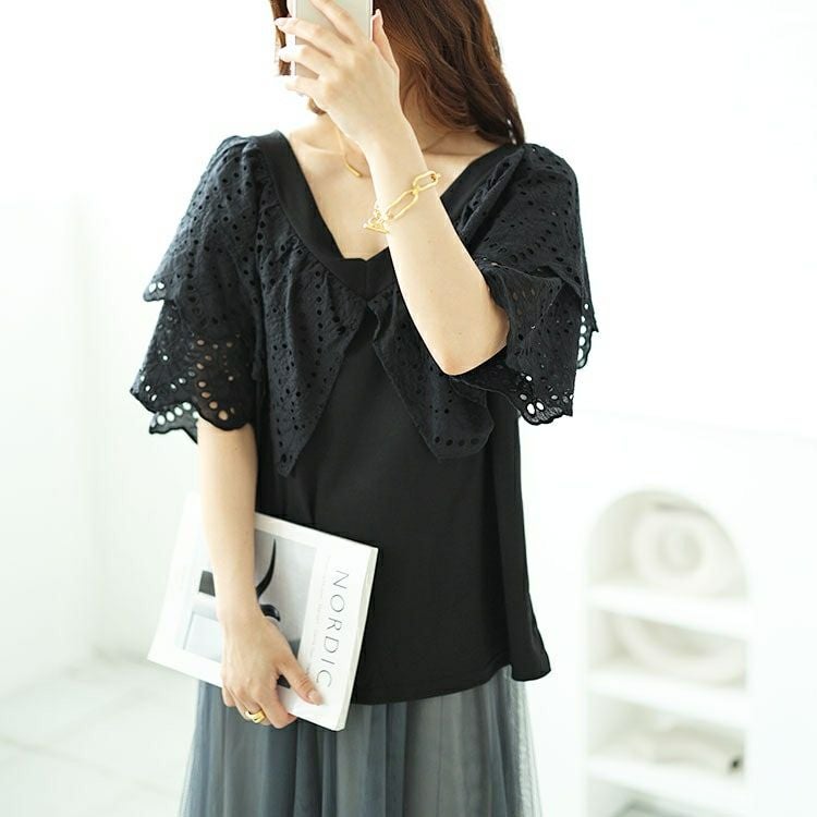 大きいサイズ レディース Vネックカットワークレースブラウス　nh240315 【メール便可】