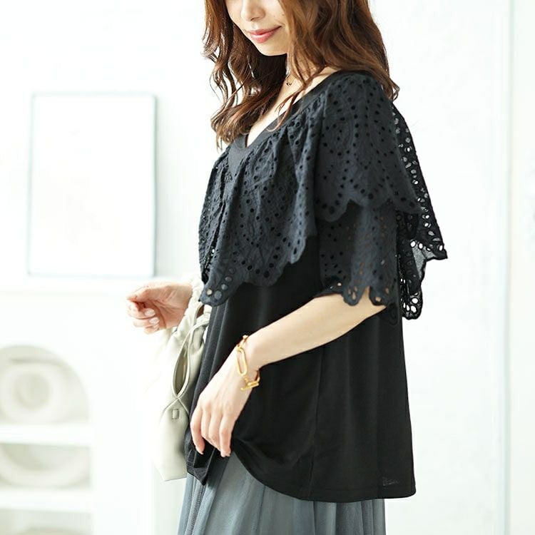 大きいサイズ レディース Vネックカットワークレースブラウス　nh240315 【メール便可】